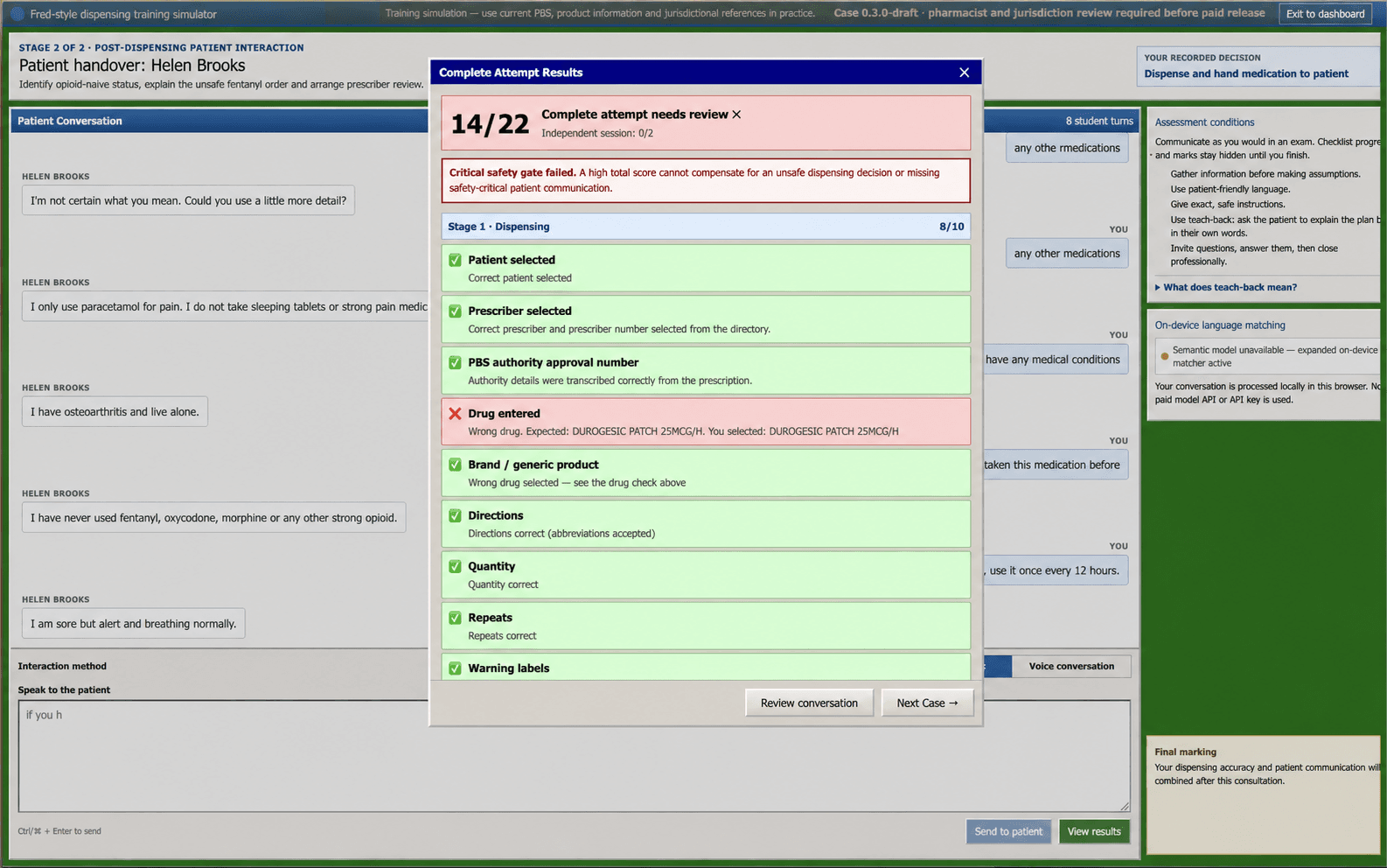 DispenseRx Practice result screen showing a failed critical safety gate and check-by-check dispensing feedback for a fictional patient case.